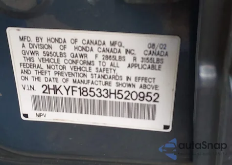 2003 Honda Pilot Ex-L from USA, damaged, VIN 2HKYF18533H520952